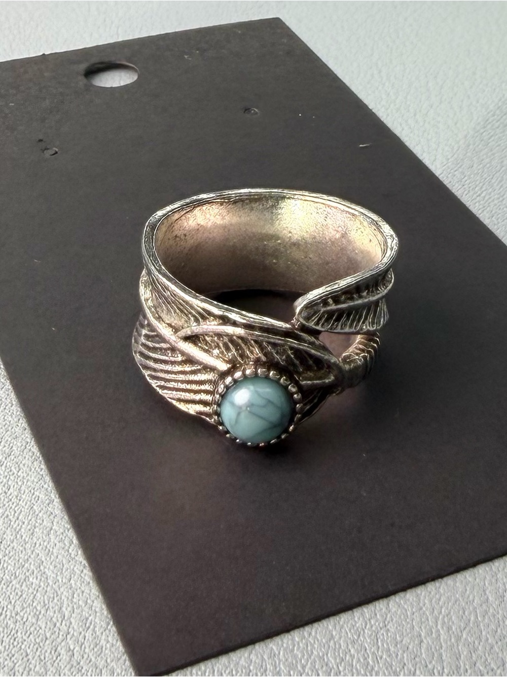 Silver-Tone Leaf Wrap Ring with Turquoise Stone